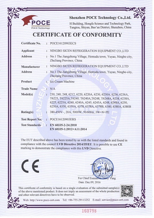 China NingBo Sicen Refrigeration Equipment Co.,Ltd Certificações